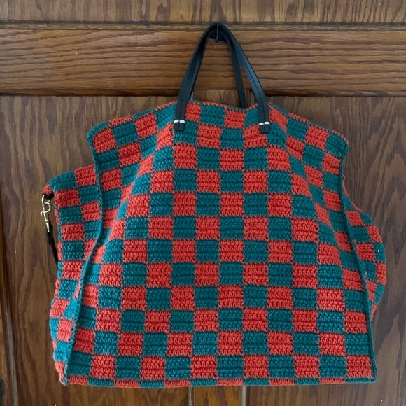 Clare V Red Green Checker Summer Simple Tote Bag Shoulder Strap Like New - Picture 3 of 16